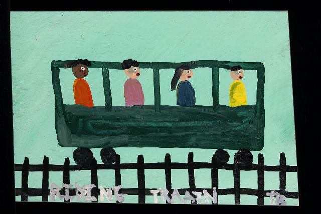 Tim Brown | Riding train, Acryl auf Holz, 33,0 x 48,0 cm, Unterzeichnet u.r. mit Initialen