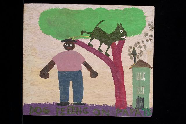 Tim Brown | Dog peeing on papa, Acryl auf Holz, 40,0 x 47,0 cm, Unterzeichnet u.r. mit Initialen