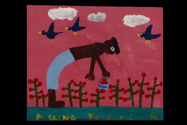 Brown T.  | Picking tomatoes, Acryl auf Holz 34,0 x 40,0 cm, Unterzeichnet u.r. mit Initialen