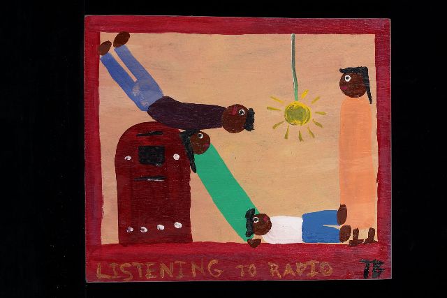 Brown T.  | Listening to radio, Acryl auf Holz 35,0 x 40,0 cm, Unterzeichnet u.r. mit Initialen