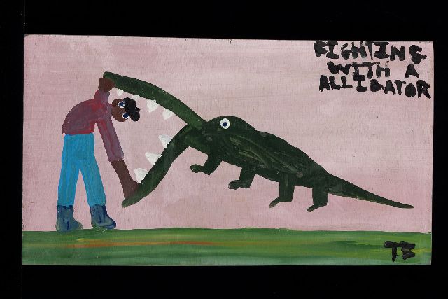 Tim Brown | Fighting with a alligator, Acryl auf Holz, 28,0 x 51,0 cm, Unterzeichnet u.r. mit Initialen