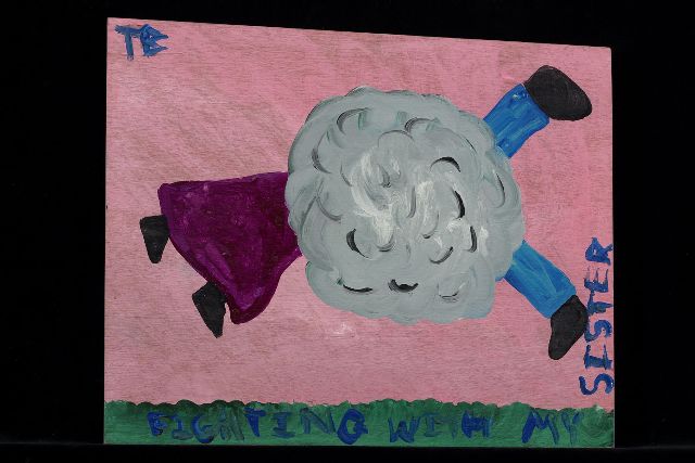 Tim Brown | Fighting with my sister, Acryl auf Holz, 36,0 x 44,0 cm, Unterzeichnet o.l. mit Initialen