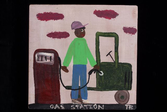 Tim Brown | Gas station, Acryl auf Holz, 41,0 x 43,0 cm, Unterzeichnet u.r. mit Initialen