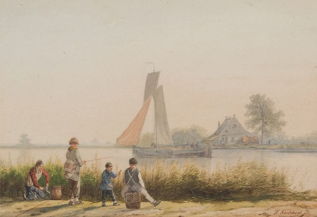 Hermanus Koekkoek jr. | Kinder angeln in der Nähe der Zuiderzee, Aquarell auf Papier, 22,0 x 32,0 cm, Unterzeichnet u.r.