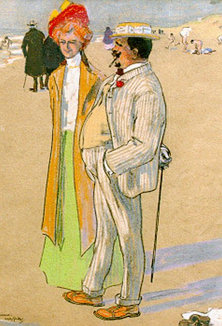 Willy Sluiter | Elegant couple on the beach, Pastell und Kreide auf Papier, 48,8 x 31,8 cm, signed l.l.
