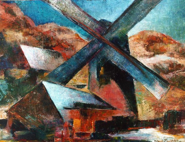 Zweep D.J. van der | A windmill in a landscape, Öl auf Leinwand Malereifaser 28,7 x 38,2 cm, signed l.r. und dated '51