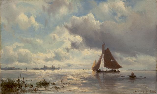 Jan H.B. Koekkoek | Flacher Boden auf dem Wasser in der Nähe des Muiderslot bei Einbruch der Abend, Öl auf Holz, 15,6 x 24,8 cm, signed l.r. und verkocht