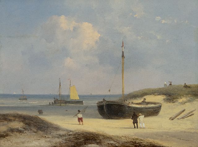 Hoppenbrouwers J.F.  | Wanderer, Fischer und 'Bomschiffe' am Strand von Scheveningen, Öl auf Holz 22,4 x 29,0 cm, Unterzeichnet u.l.