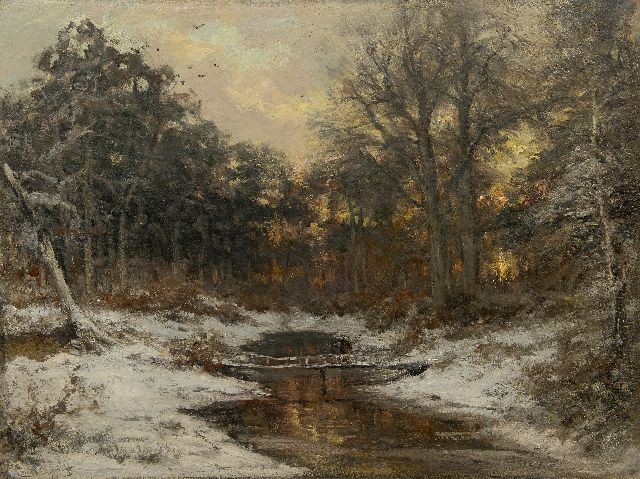Louis Apol | Verschneiter Wald bei Sonnenuntergang, Öl auf Leinwand, 71,0 x 92,6 cm, Unterzeichnet u.l.