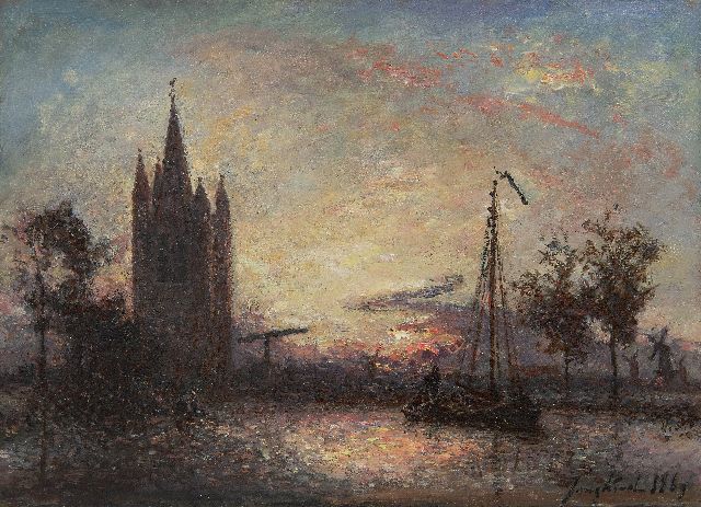 Jongkind J.B.  | Coucher de soleil sur l'église, Hollande, Öl auf Leinwand 24,3 x 32,5 cm, Unterzeichnet u.r. und datiert 1869
