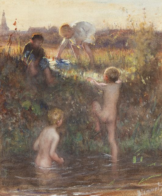 Blommers B.J.  | Badende Kinder in Het Kanaal, Scheveningen, Aquarell auf Papier 38,9 x 32,3 cm, Unterzeichnet u.r. und zu datieren um 1895-1907