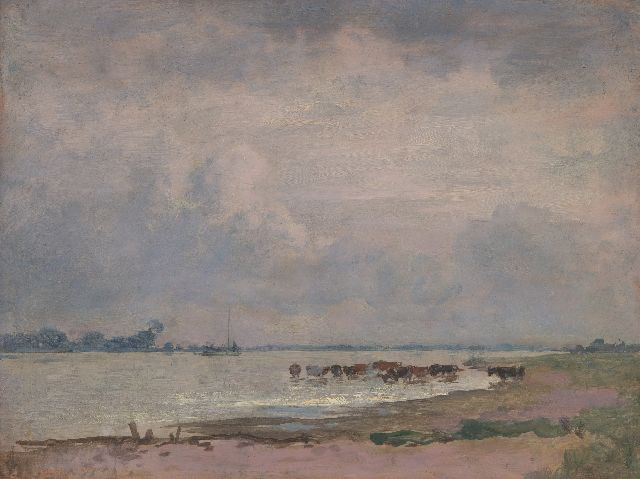 Jan Voerman sr. | View of the river IJssel with watering cows, Öl auf Holz, 31,4 x 41,2 cm, signed with stamp on the reverse