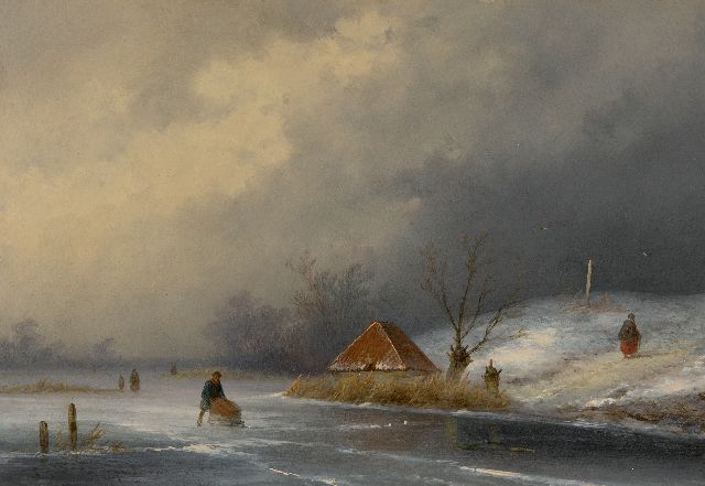 Hoppenbrouwers J.F.  | Figuren auf dem Eis mit nahenden Schneesturm, Öl auf Holz 22,3 x 31,5 cm, Unterzeichnet u.l.