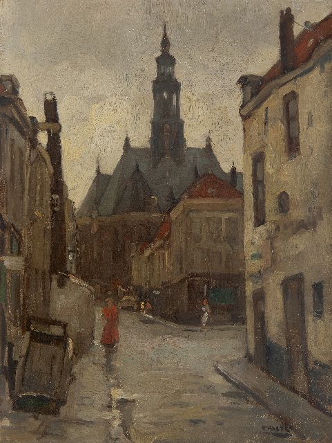 Cor Noltee | Stadtbild in Den Haag mit der Neuen Kirche, Öl auf Leinwand, 40,0 x 30,3 cm, Unterzeichnet u.r.