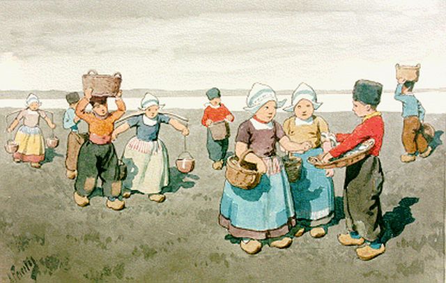 Karl Feiertag | Natives of Volendam in summer, Aquarell auf Papier, 17,8 x 28,0 cm, signed l.l.