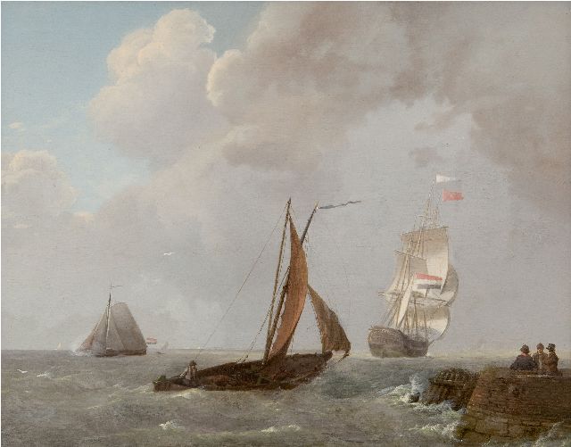 Johannes Koekkoek | Kreuzende Segelschiffe bei einem Hafenkopf, Zeeland, Öl auf Holz, 30,0 x 38,9 cm, Unterzeichnet u.r. und datiert 1829