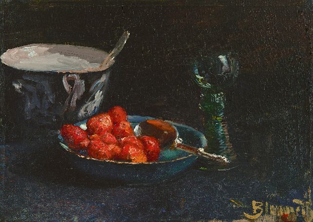 Bernard Blommers | Stilleben mit Erdbeeren und Rheinweinglas, Öl auf Leinwand, 28,8 x 40,0 cm, Unterzeichnet r.u. und zu datieren um 1880