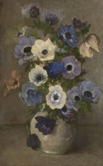 Marie Wandscheer | Anemonen in weißer Vase, Öl auf Leinwand  auf Holzfaser, 60,7 x 41,0 cm, Unterzeichnet u.r.mit Initialen