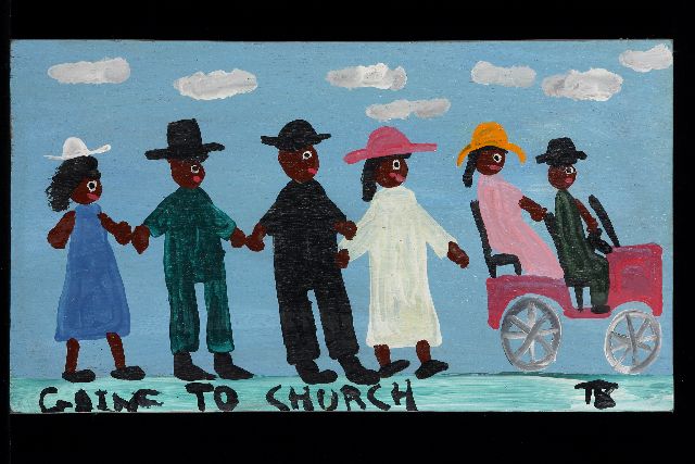 Brown T.  | Going to church, Acryl auf Holz 23,0 x 41,0 cm, Unterzeichnet u.r. mit Initialen