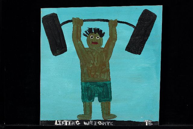 Brown T.  | Lifting weights, Acryl auf Holz 42,0 x 43,0 cm, Unterzeichnet u.r. mit Initialen