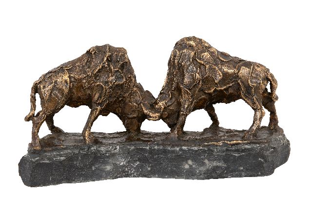 Bakker W.F.  | Kraftprobe (zwei Bisons), Bronze 13,0 x 26,0 cm, Unterzeichnet auf der Basis