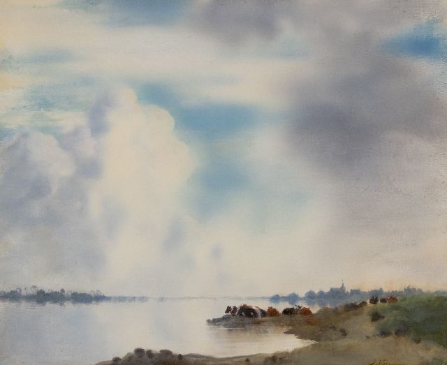 Voerman sr. J.  | Der Fluss IJssel mit Hattem in der Ferne, Öl auf Holz 42,4 x 52,0 cm, Unterzeichnet r.u.