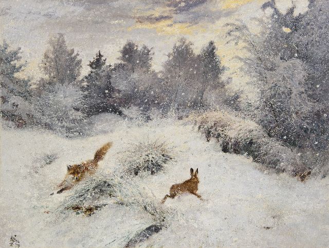 Rien Poortvliet | Jagdfuchs in einer Schneelandschaft, Öl auf Leinwand, 60,4 x 79,9 cm, Unterzeichnet u.l. und ohne Rahmen