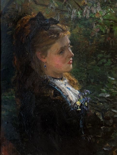 Beckwith J.C.  | Porträt einer junge Frau, ca. 1875 wahrscheinlich die jüngere Émilie-Louise Delevingne (Valtesse de la Bigne)., Öl auf Holzfaser 40,0 x 30,0 cm, ca. 1875-1878