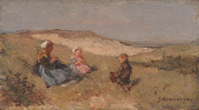 Akkeringa J.E.H.  | Fischers Frau mit zwei Kinder in den Dünen, Öl auf Holz 7,5 x 12,6 cm, Unterzeichnet u.r.