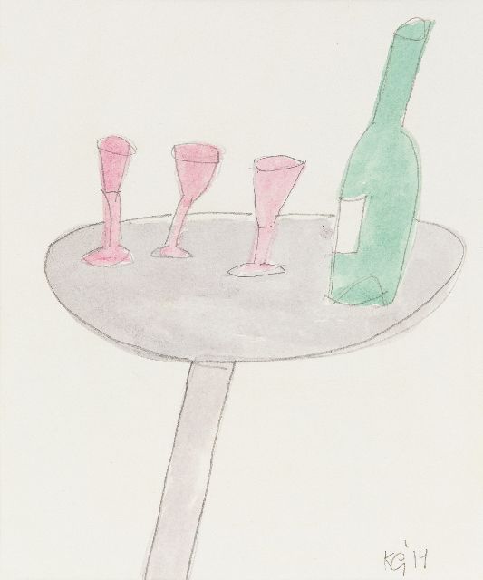 Gubbels K.  | Gläser und Flasche auf einem Tisch, Bleistift und Aquarell auf Papier 24,0 x 20,0 cm, Unterzeichnet u.r. und Datiert 2014