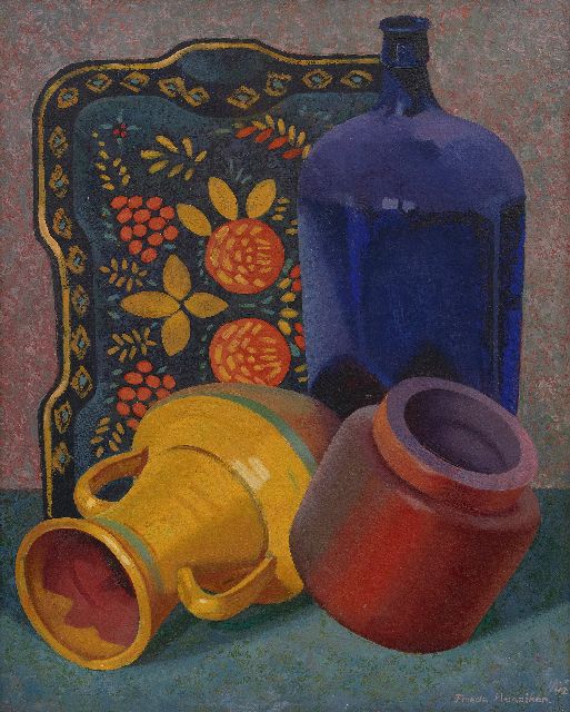 Frieda Hunziker | Stillleben mit blauer Flasche, Öl auf Leinwand, 55,6 x 45,4 cm, Unterzeichnet u.r. und datiert 1/42