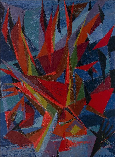 Frieda Hunziker | Komposition mit Schiffen, Öl auf Leinwand, 100,2 x 75,7 cm, Unterzeichnet u.r. und im Verso und datiert 8.1.47
