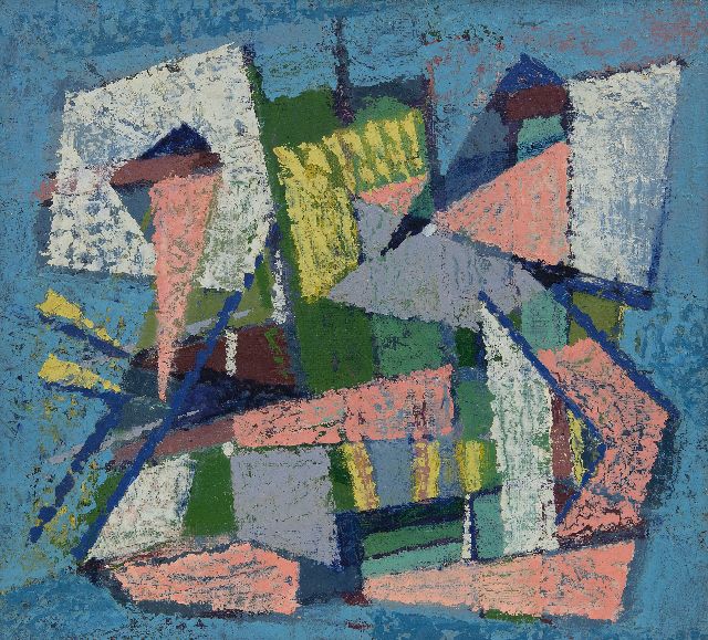 Frieda Hunziker | Komposition, Öl auf Malereifaser, 35,6 x 39,5 cm, Unterzeichnet im Verso und zu datieren 1948
