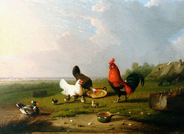 Frans van Severdonck | Poultry in a landscape, Öl auf Holz, 18,2 x 23,7 cm, signed l.r. und dated 1863