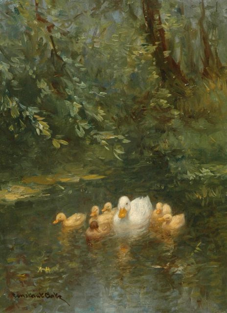 Constant Artz | A duck and ducklings in the water, Öl auf Holz, 24,0 x 17,9 cm, signed l.l.