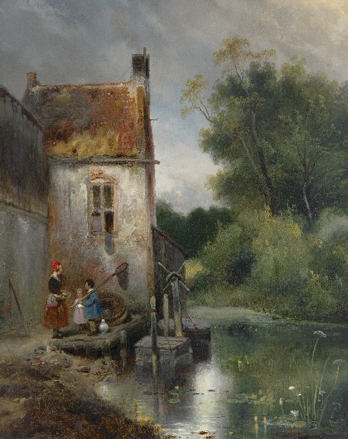 Nuijen W.J.J.  | Frau und Kinder in einem Haus, Öl auf Holz 41,9 x 33,1 cm, Unterzeichnet u.r. und datiert 1834