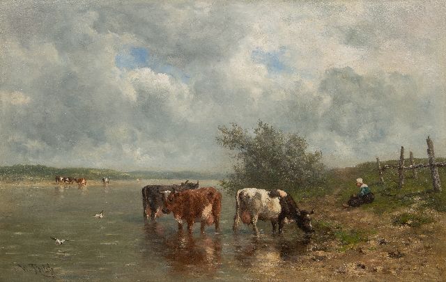 Roelofs W.  | Flusslandschaft mit trinkenden Kühen, Öl auf Leinwand 69,1 x 106,9 cm, Unterzeichnet u.l.