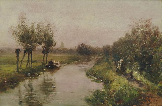 Destrée J.J.  | Eine Polderlandschaft mit Figuren, Öl auf Holz 28,8 x 43,8 cm, Unterzeichnet u.r. und datiert 1878