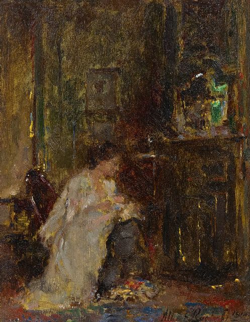 Albert Roelofs | Frau in einem Innenraum, Öl auf Holz, 18,0 x 14,0 cm, Unterzeichnet u.r. und datiert 1914
