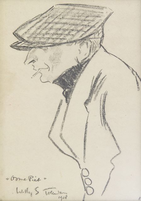 Sluiter J.W.  | 'Oome Piet', Volendam, Schwarze Kreide auf Papier 24,2 x 12,7 cm, Unterzeichnet l.u. und datiert 1918