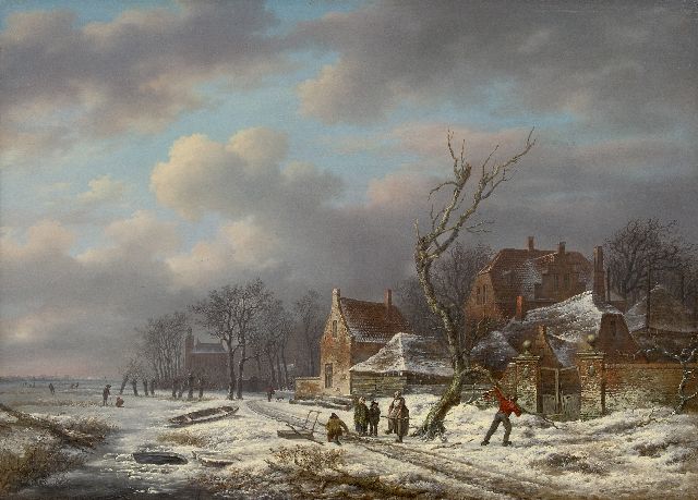 Schelfhout A.  | Winterlandschaft mit Holzsammlern (Gegenstück vom Sommerlandschaft), Öl auf Holz 53,0 x 72,6 cm, Unterzeichnet u.r. (mit Signaturresten) und zu datieren um 1815