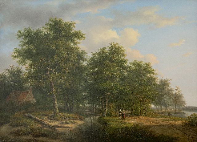 Schelfhout A.  | Waldlandschaft mit Figuren an einem Fluss (Gegenstück vom Winterlandschaft), Öl auf Holz 52,8 x 72,5 cm, Unterzeichnet u.l. und zu datieren um 1815