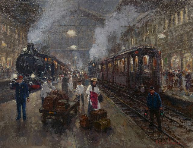 Hennie de Korte | Passagierverkehr am Bahnhof, Öl auf Leinwand, 70,0 x 90,1 cm, Unterzeichnet u.r.