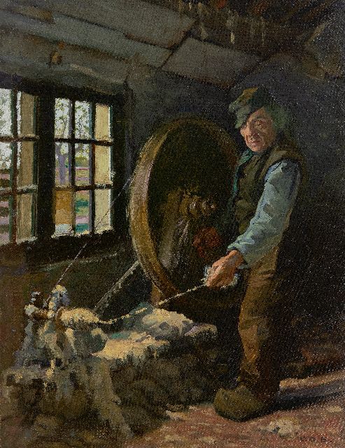 Co Breman | Am Spinnrad, Öl auf Leinwand  auf Holzfaser, 49,7 x 39,1 cm, Unterzeichnet u.r.