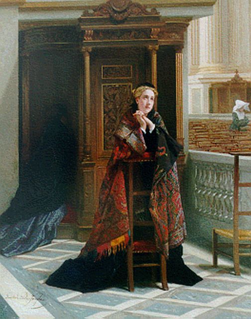 Gustave De Jonghe | The confession, Öl auf Holz, 61,0 x 49,0 cm, signed l.l.