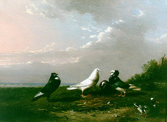 Frans van Severdonck | A landscape with pigeons and a duck, Öl auf Holz, 16,7 x 22,7 cm, signed l.l.