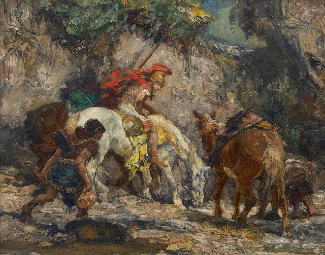 Johannes Hendricus Jurres | Krieger mit trinkenden Pferden, Öl auf Leinwand, 22,5 x 27,6 cm, Unterzeichnet u.r.