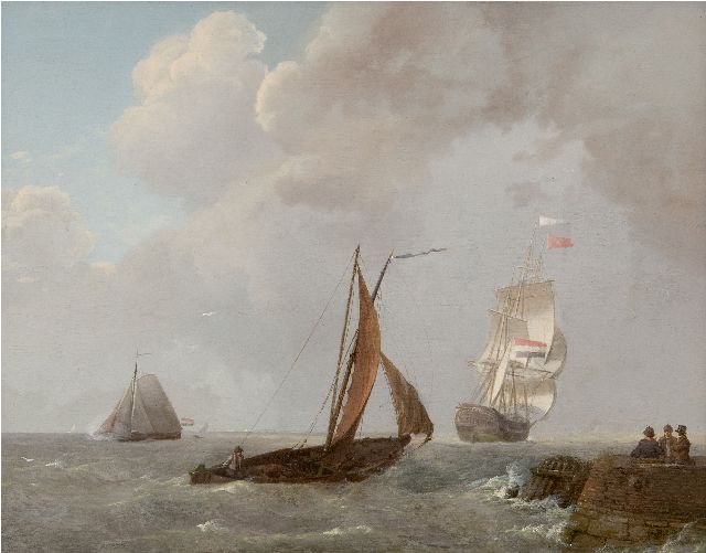 Koekkoek J.  | Kreuzende Segelschiffe bei einem Hafenkopf, Zeeland, Öl auf Holz 30,0 x 38,9 cm, Unterzeichnet u.r. und datiert 1829