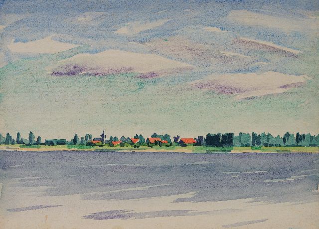 Frieda Hunziker | Blick auf ein kleines Dorf am Wasser, Aquarell auf Papier, 26,9 x 37,3 cm