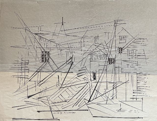 Frieda Hunziker | Häuser und Schiffe, Feder und Tinte auf Pergament, 30,0 x 38,5 cm, Unterzeichnet u.m. und datiert 11-11-47
